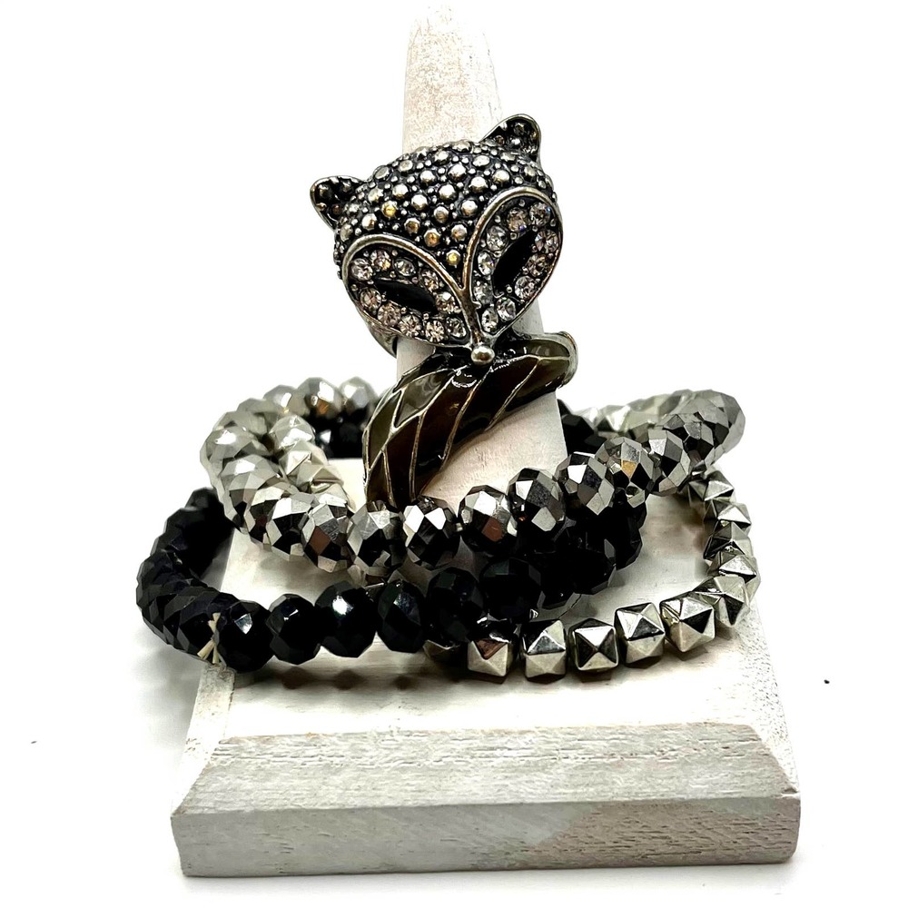 Fox Ring & 3 Stretch Bracelets Antiqued Silver Tone & Black Costume Jewelry